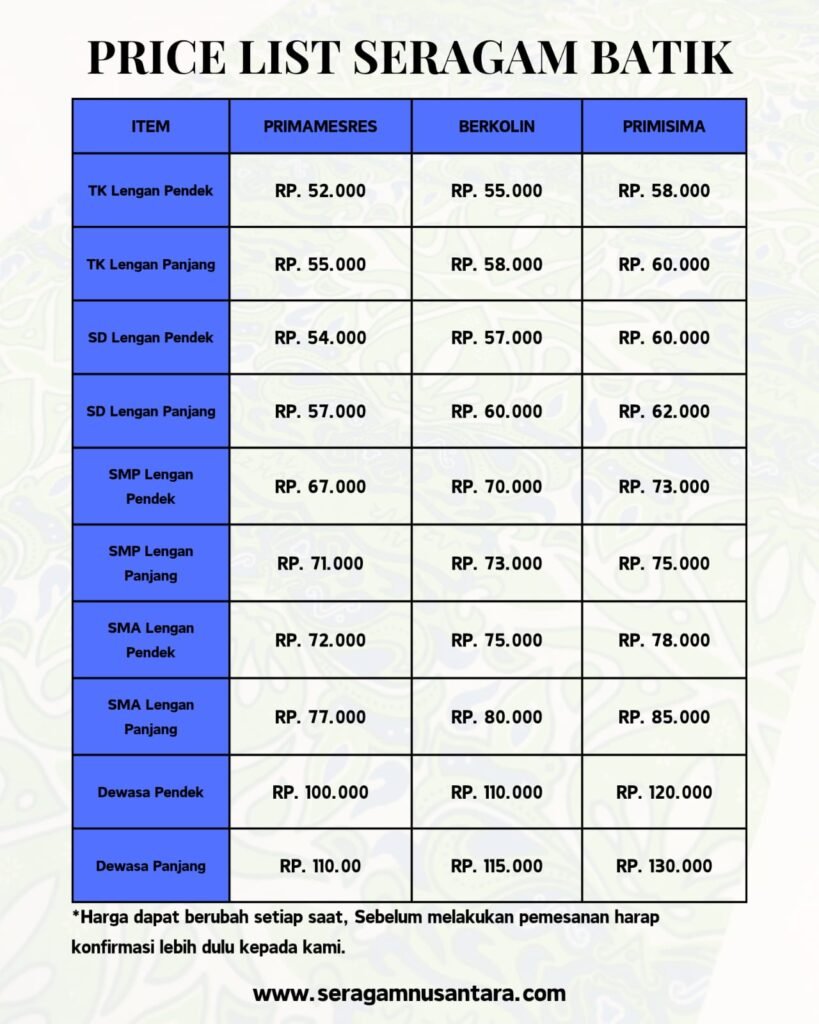 Harga Cetak Batik Sekolah Terkini Januari 2024